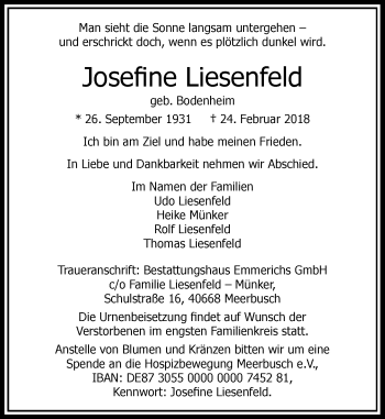 Todesanzeige von Josefine Liesenfeld von Rheinische Post