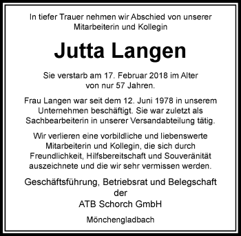 Todesanzeige von Jutta Langen von Rheinische Post