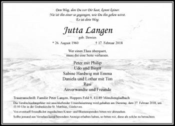 Todesanzeige von Jutta Langen von Rheinische Post