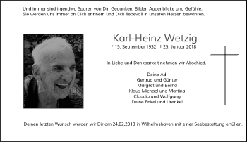 Todesanzeige von Karl-Heinz Wetzig von Rheinische Post