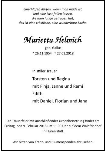 Todesanzeige von Marietta Helmich von Rheinische Post