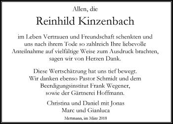 Todesanzeige von Reinhild Kinzenbach von Rheinische Post