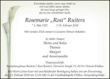 Todesanzeige von Rosemarie Rosi Ruiters von Rheinische Post