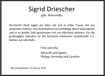 Todesanzeige von Sigrid Driescher von Rheinische Post