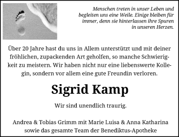 Todesanzeige von Sigrid Kamp von Rheinische Post