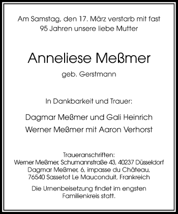 Todesanzeige von Anneliese Meßmer von Rheinische Post