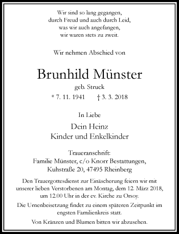 Todesanzeige von Brunhild Münster von Rheinische Post