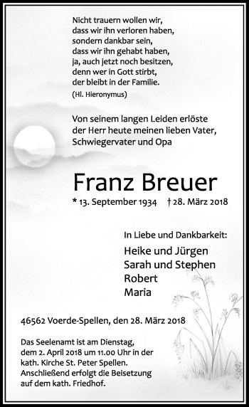Todesanzeige von Franz Breuer von Rheinische Post