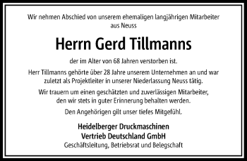 Todesanzeige von Gerd Tillmanns von Rheinische Post