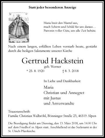 Todesanzeige von Gertrud Hackstein von Rheinische Post