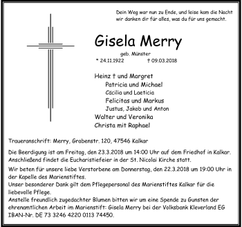 Todesanzeige von Gisela Merry von Rheinische Post