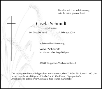 Todesanzeige von Gisela Schmidt von Rheinische Post