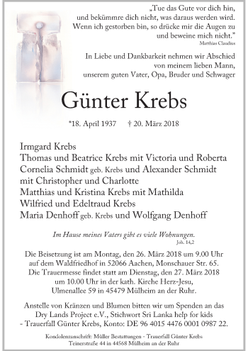 Todesanzeige von Günter Krebs von Rheinische Post