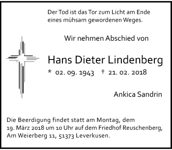 Todesanzeige von Hans Dieter Lindenberg von Rheinische Post