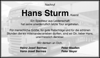 Todesanzeige von Hans Sturm Kaarst von Rheinische Post