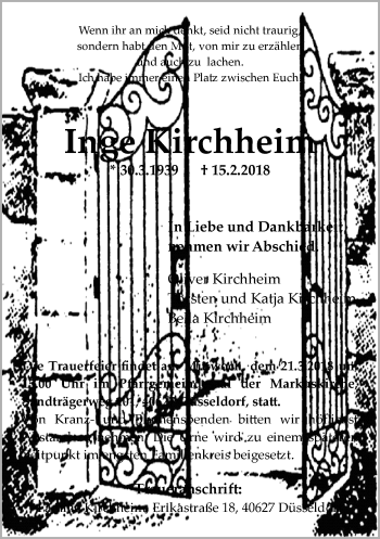 Todesanzeige von Inge Kirchheim von Rheinische Post