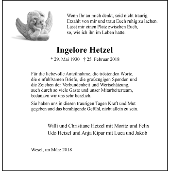 Todesanzeige von Ingelore Hetze von Rheinische Post