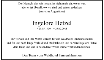 Todesanzeige von Ingelore Hetzel von Rheinische Post