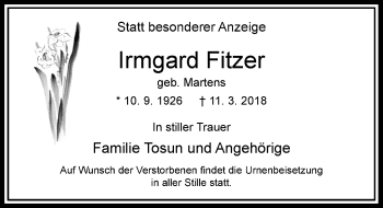 Todesanzeige von Irmgard Fitzer von Rheinische Post
