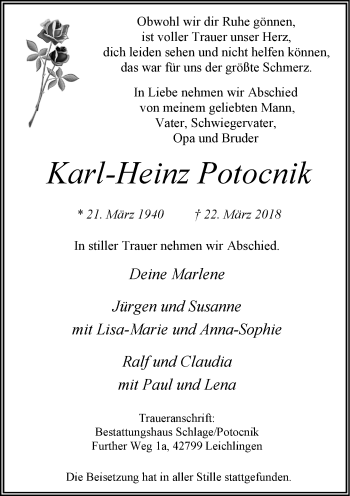 Todesanzeige von Karl-Heinz Potocnik von Rheinische Post