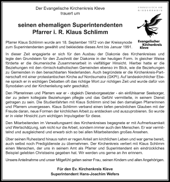 Todesanzeige von Klaus Schlimm von Rheinische Post
