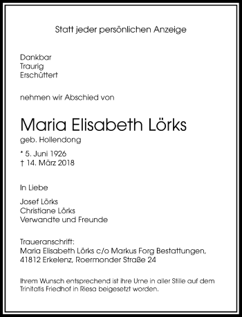Todesanzeige von Maria Elisabeth Lörks von Rheinische Post