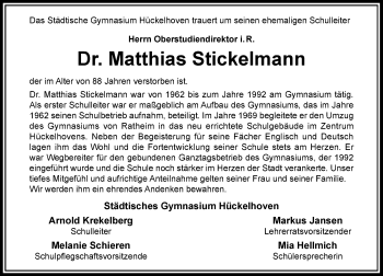 Todesanzeige von Matthias Stickelmann von Rheinische Post