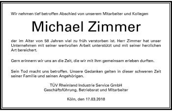 Todesanzeige von Michael Zimmer von Rheinische Post