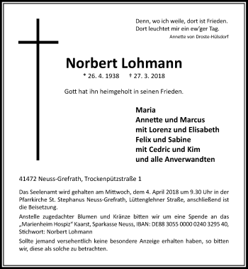 Todesanzeige von Norbert Lohmann von Rheinische Post