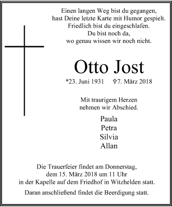 Todesanzeige von Otto Jost von Rheinische Post