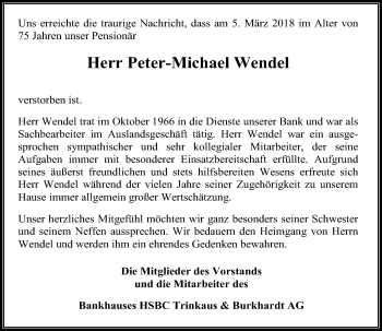 Todesanzeige von Peter-Michael Wendel von Rheinische Post