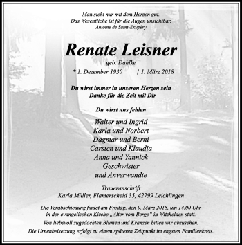 Todesanzeige von Renate Leisner von Rheinische Post