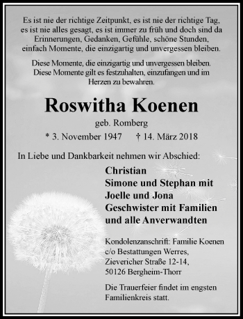 Todesanzeige von Roswitha Koenen von Rheinische Post