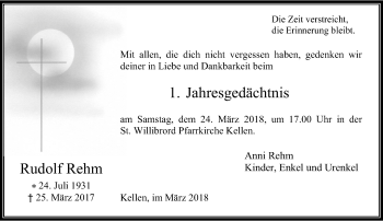 Todesanzeige von Rudolf Rehm von Rheinische Post