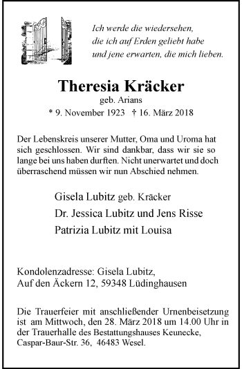 Todesanzeige von Theresia Kräcker von Rheinische Post