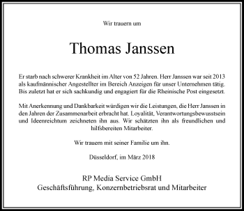 Todesanzeige von Thomas Janssen von Rheinische Post