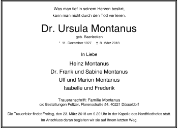 Todesanzeige von Ursula Montanus von Rheinische Post