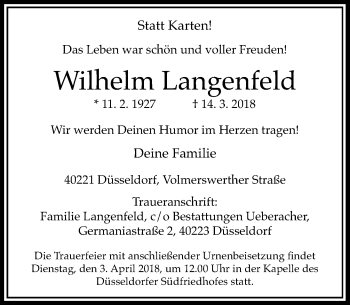 Todesanzeige von Wilhelm Langenfeld von Rheinische Post