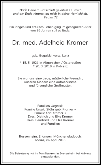 Todesanzeige von Adelheid Kramer von Rheinische Post