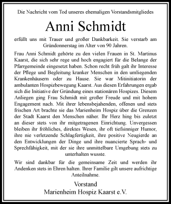 Todesanzeige von Anni Schmidt von Rheinische Post