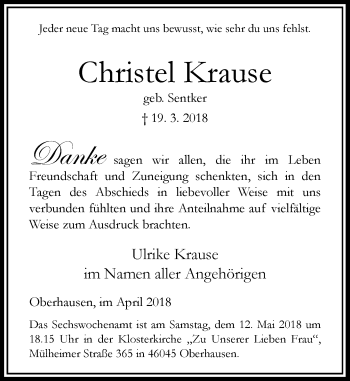 Todesanzeige von Christel Krause von Rheinische Post