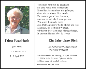 Todesanzeige von Dina Boekholt von Rheinische Post