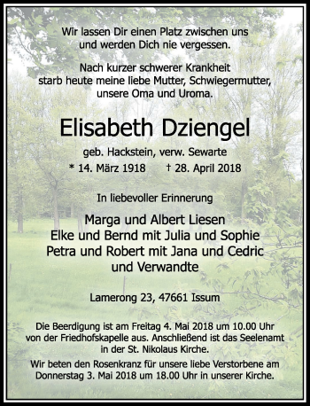 Todesanzeige von Elisabeth Dziengel von Rheinische Post