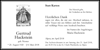 Todesanzeige von Gertrud Hackstein von Rheinische Post
