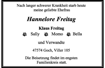Todesanzeige von Hannelore Freitag von Rheinische Post