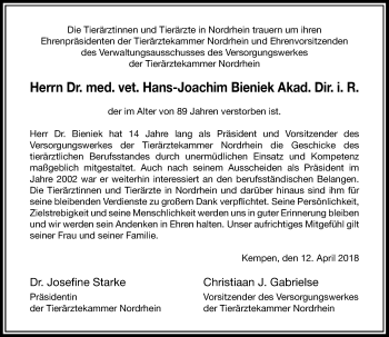 Todesanzeige von Hans-Joachim Bieniek von Rheinische Post