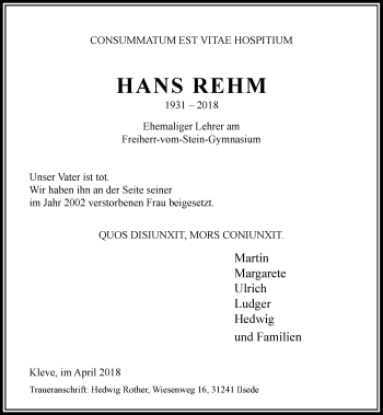 Todesanzeige von Hans Rehm von Rheinische Post