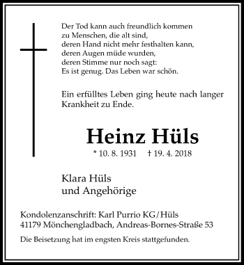 Todesanzeige von Heinz Hüls von Rheinische Post