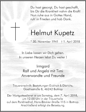 Todesanzeige von Helmut Kupetz von Rheinische Post