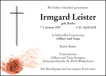 Todesanzeige von Irmgard Leister von Rheinische Post